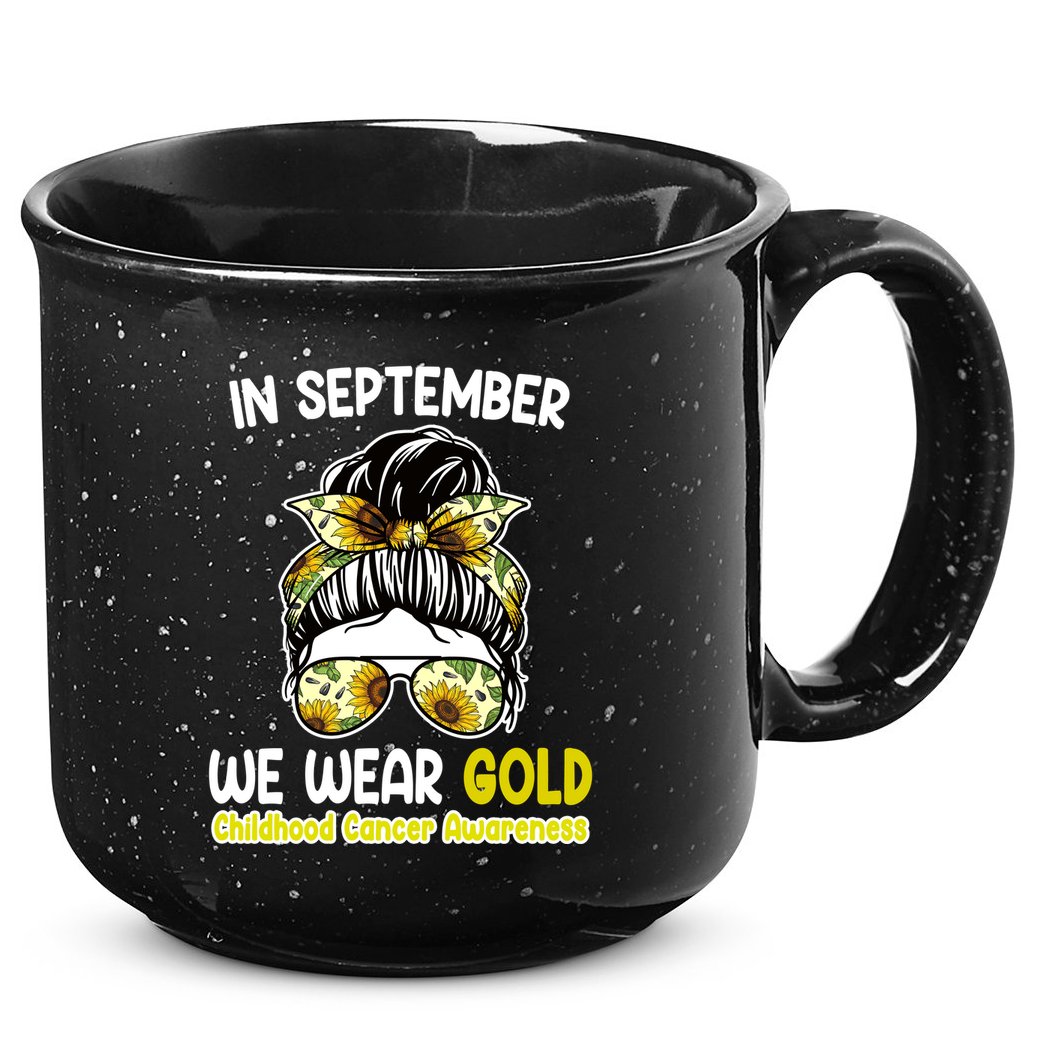 Floral Messy Bun In September We Wear Gold Childhood Cancer 15oz Campfire Ceramic Mug