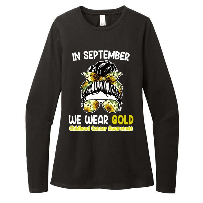 Floral Messy Bun In September We Wear Gold Childhood Cancer Womens CVC Long Sleeve Shirt