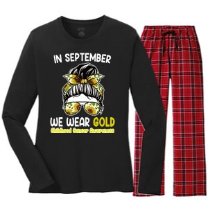 Floral Messy Bun In September We Wear Gold Childhood Cancer Women's Long Sleeve Flannel Pajama Set 