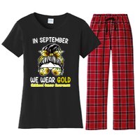 Floral Messy Bun In September We Wear Gold Childhood Cancer Women's Flannel Pajama Set