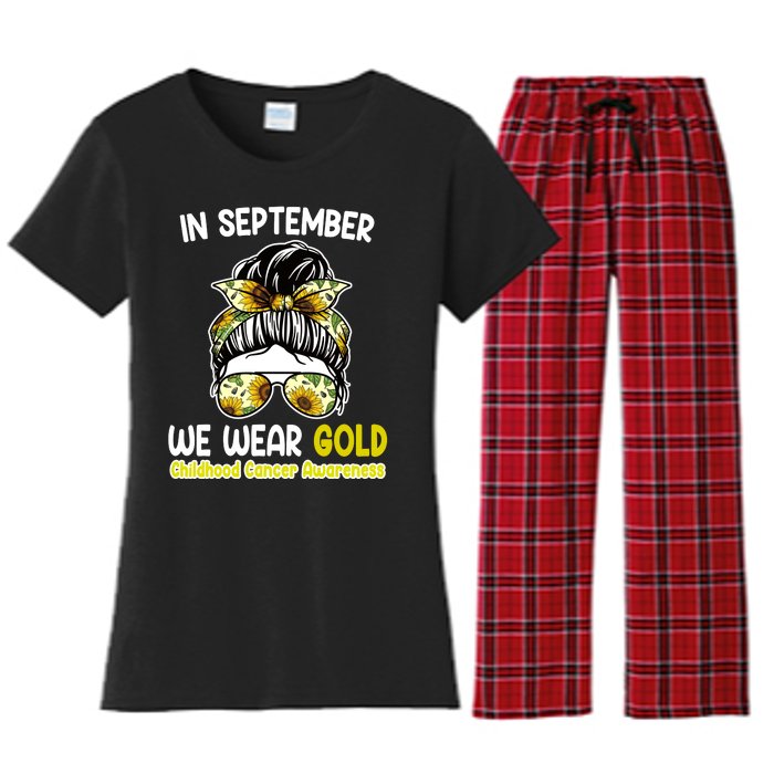 Floral Messy Bun In September We Wear Gold Childhood Cancer Women's Flannel Pajama Set