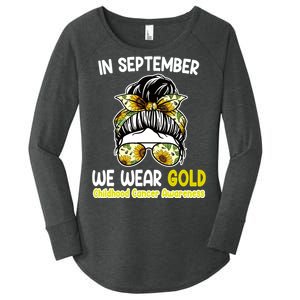 Floral Messy Bun In September We Wear Gold Childhood Cancer Women's Perfect Tri Tunic Long Sleeve Shirt