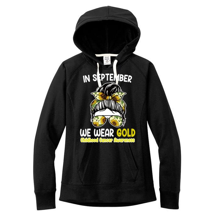 Floral Messy Bun In September We Wear Gold Childhood Cancer Women's Fleece Hoodie