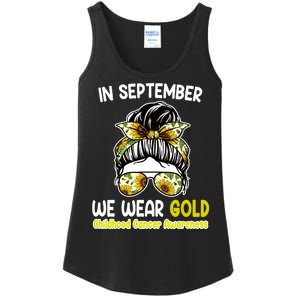 Floral Messy Bun In September We Wear Gold Childhood Cancer Ladies Essential Tank