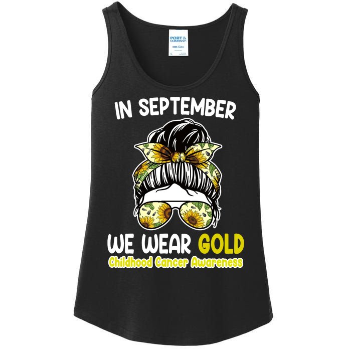 Floral Messy Bun In September We Wear Gold Childhood Cancer Ladies Essential Tank