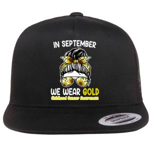 Floral Messy Bun In September We Wear Gold Childhood Cancer Flat Bill Trucker Hat