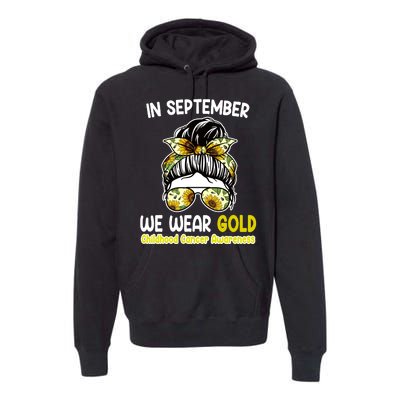 Floral Messy Bun In September We Wear Gold Childhood Cancer Premium Hoodie