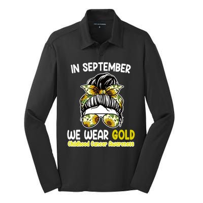 Floral Messy Bun In September We Wear Gold Childhood Cancer Silk Touch Performance Long Sleeve Polo