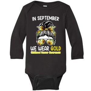 Floral Messy Bun In September We Wear Gold Childhood Cancer Baby Long Sleeve Bodysuit