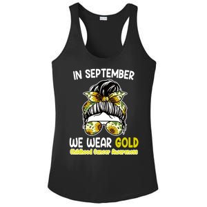 Floral Messy Bun In September We Wear Gold Childhood Cancer Ladies PosiCharge Competitor Racerback Tank