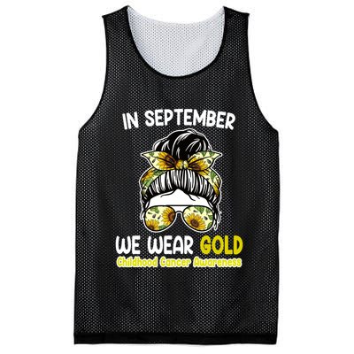 Floral Messy Bun In September We Wear Gold Childhood Cancer Mesh Reversible Basketball Jersey Tank
