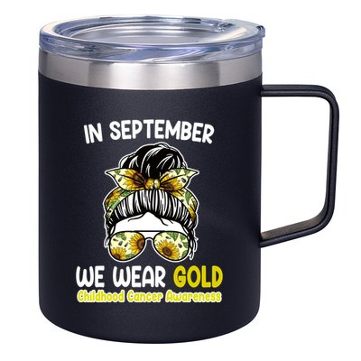 Floral Messy Bun In September We Wear Gold Childhood Cancer 12oz Stainless Steel Coffee Mug