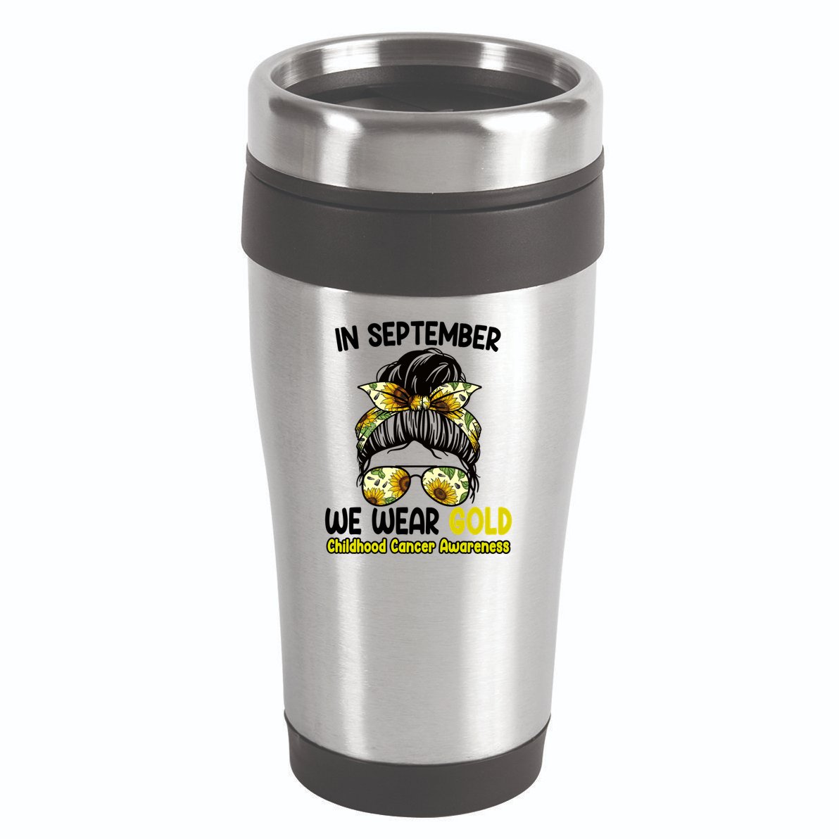 Floral Messy Bun In September We Wear Gold Childhood Cancer 16oz Travel Tumbler