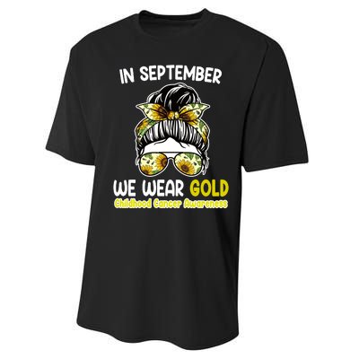 Floral Messy Bun In September We Wear Gold Childhood Cancer Performance Sprint T-Shirt