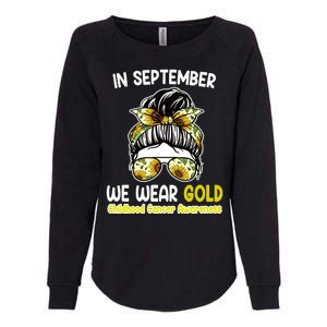 Floral Messy Bun In September We Wear Gold Childhood Cancer Womens California Wash Sweatshirt