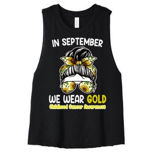 Floral Messy Bun In September We Wear Gold Childhood Cancer Women's Racerback Cropped Tank