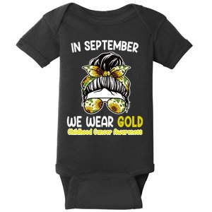 Floral Messy Bun In September We Wear Gold Childhood Cancer Baby Bodysuit