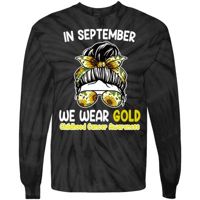 Floral Messy Bun In September We Wear Gold Childhood Cancer Tie-Dye Long Sleeve Shirt