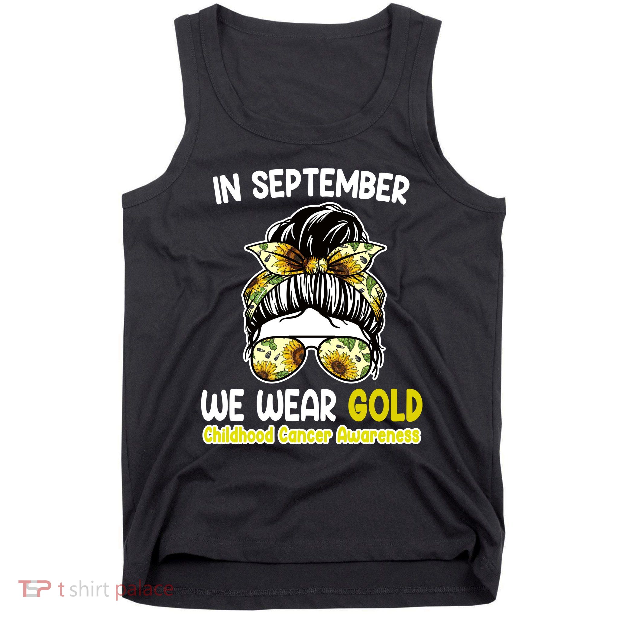 Floral Messy Bun In September We Wear Gold Childhood Cancer Tank Top