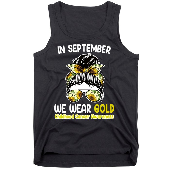 Floral Messy Bun In September We Wear Gold Childhood Cancer Tank Top