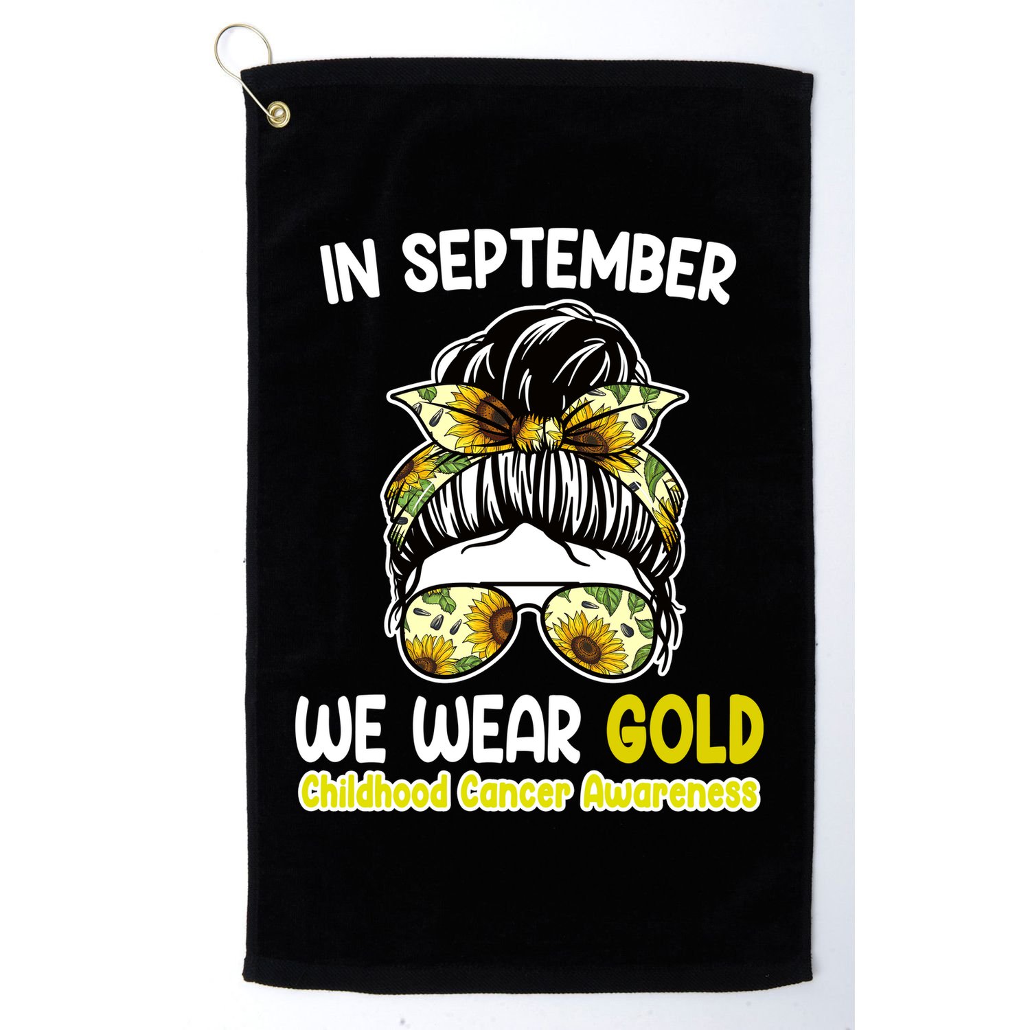 Floral Messy Bun In September We Wear Gold Childhood Cancer Golf Towel