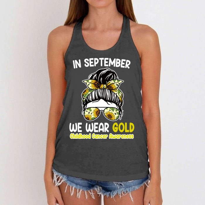 Floral Messy Bun In September We Wear Gold Childhood Cancer Women's Knotted Racerback Tank