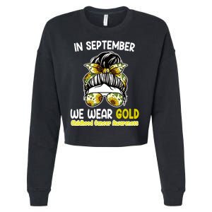 Floral Messy Bun In September We Wear Gold Childhood Cancer Cropped Pullover Crew