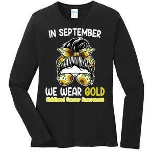 Floral Messy Bun In September We Wear Gold Childhood Cancer Ladies Long Sleeve Shirt