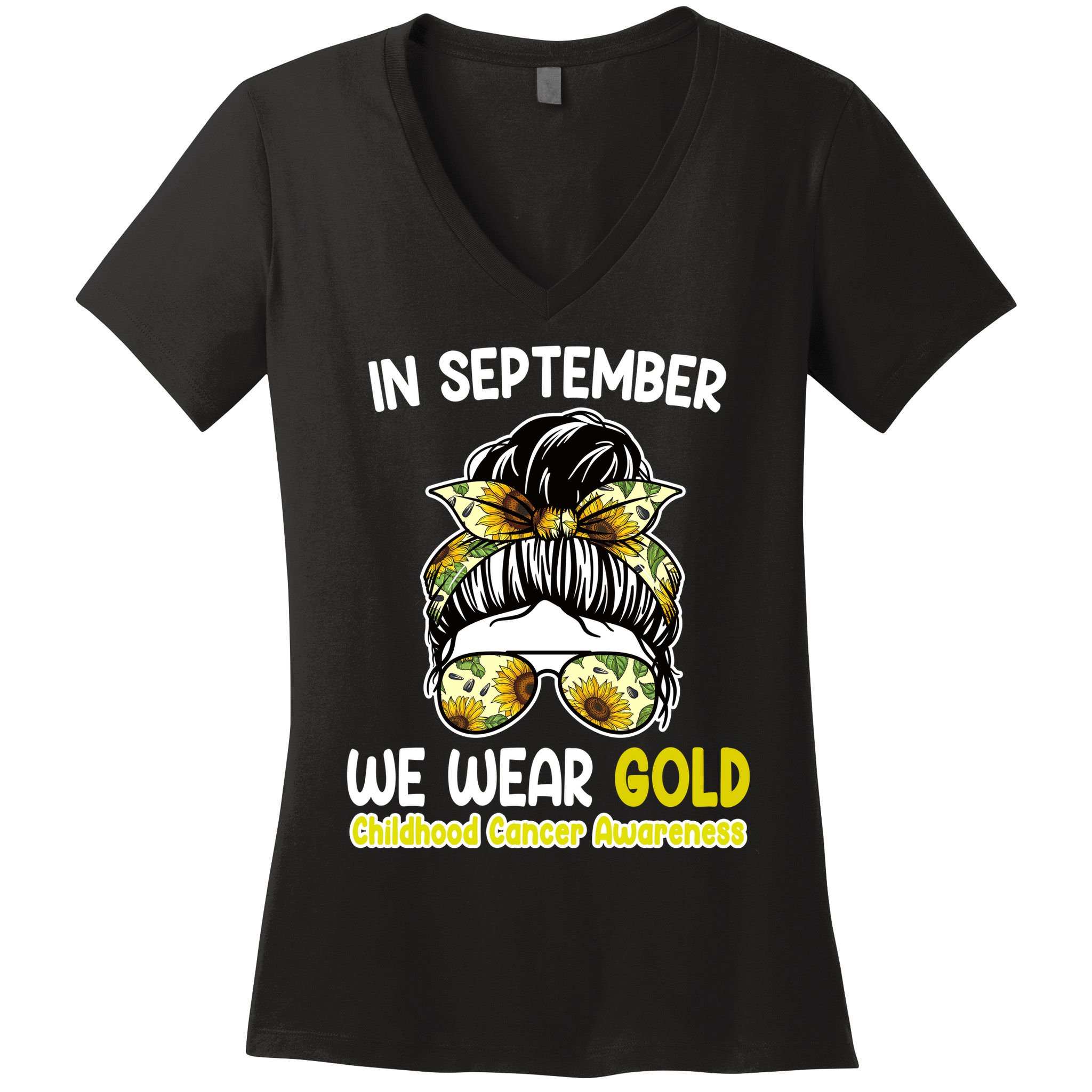 Floral Messy Bun In September We Wear Gold Childhood Cancer Women's V-Neck T-Shirt