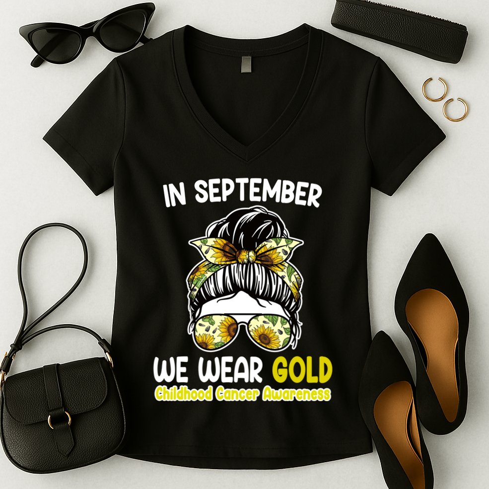 Floral Messy Bun In September We Wear Gold Childhood Cancer Women's V-Neck T-Shirt