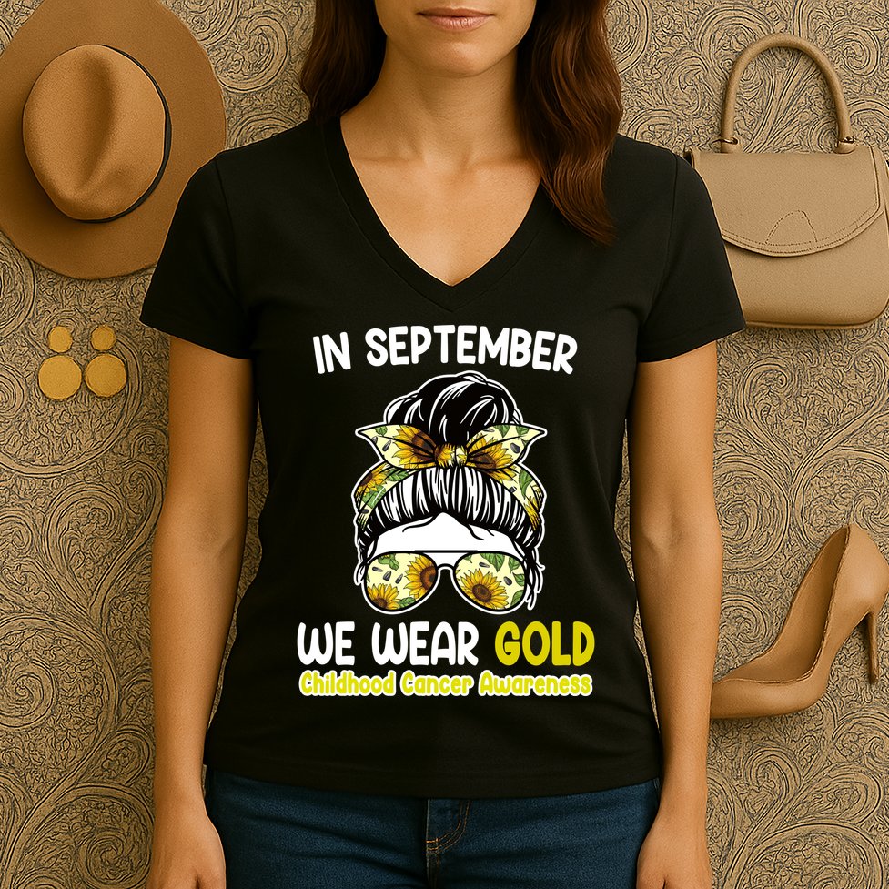 Floral Messy Bun In September We Wear Gold Childhood Cancer Women's V-Neck T-Shirt