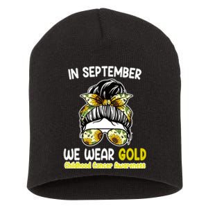 Floral Messy Bun In September We Wear Gold Childhood Cancer Short Acrylic Beanie