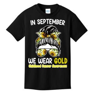 Floral Messy Bun In September We Wear Gold Childhood Cancer Kids T-Shirt