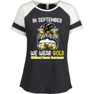 Floral Messy Bun In September We Wear Gold Childhood Cancer Enza Ladies Jersey Colorblock Tee