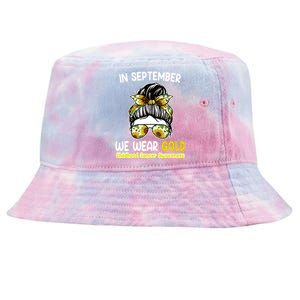 Floral Messy Bun In September We Wear Gold Childhood Cancer Tie-Dyed Bucket Hat