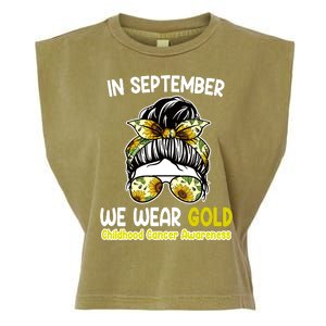 Floral Messy Bun In September We Wear Gold Childhood Cancer Garment-Dyed Women's Muscle Tee