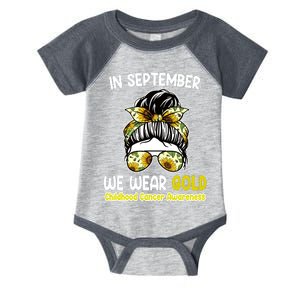 Floral Messy Bun In September We Wear Gold Childhood Cancer Infant Baby Jersey Bodysuit