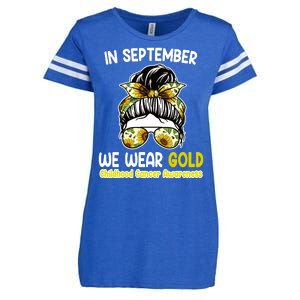 Floral Messy Bun In September We Wear Gold Childhood Cancer Enza Ladies Jersey Football T-Shirt