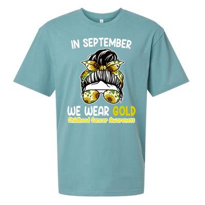 Floral Messy Bun In September We Wear Gold Childhood Cancer Sueded Cloud Jersey T-Shirt