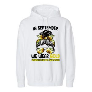 Floral Messy Bun In September We Wear Gold Childhood Cancer Garment-Dyed Fleece Hoodie