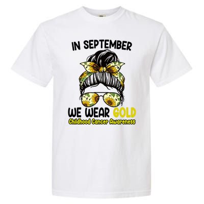 Floral Messy Bun In September We Wear Gold Childhood Cancer Garment-Dyed Heavyweight T-Shirt