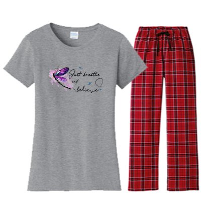 Funny Memorial Butterfly Just Breathe And Believe Funny Gift Women's Flannel Pajama Set