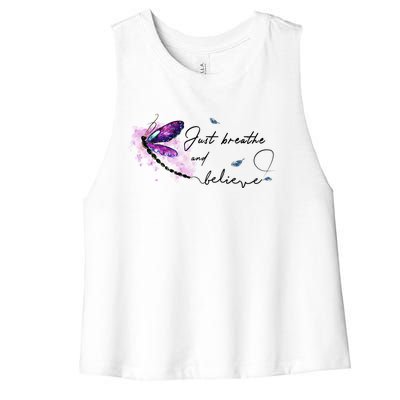 Funny Memorial Butterfly Just Breathe And Believe Funny Gift Women's Racerback Cropped Tank