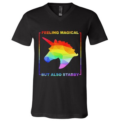 Feeling Magical But Also Stabby Funny Unicorn V-Neck T-Shirt