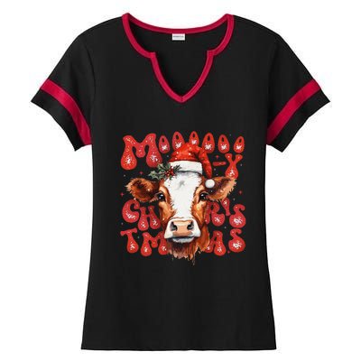 Funny Mooey Christmas Cow Christmas Retro Santa Hat Cow Xmas Ladies Halftime Notch Neck Tee