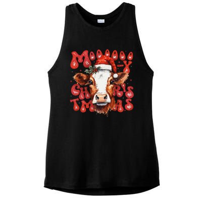 Funny Mooey Christmas Cow Christmas Retro Santa Hat Cow Xmas Ladies PosiCharge Tri-Blend Wicking Tank