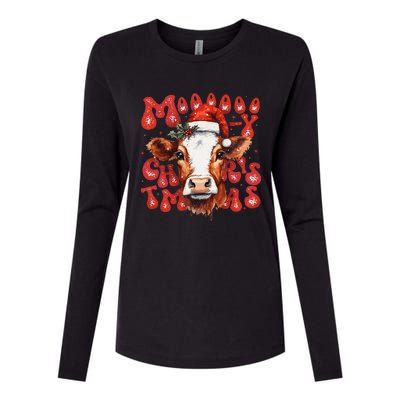 Funny Mooey Christmas Cow Christmas Retro Santa Hat Cow Xmas Womens Cotton Relaxed Long Sleeve T-Shirt