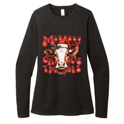 Funny Mooey Christmas Cow Christmas Retro Santa Hat Cow Xmas Womens CVC Long Sleeve Shirt