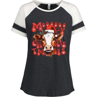 Funny Mooey Christmas Cow Christmas Retro Santa Hat Cow Xmas Enza Ladies Jersey Colorblock Tee