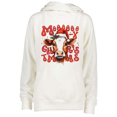 Funny Mooey Christmas Cow Christmas Retro Santa Hat Cow Xmas Womens Funnel Neck Pullover Hood